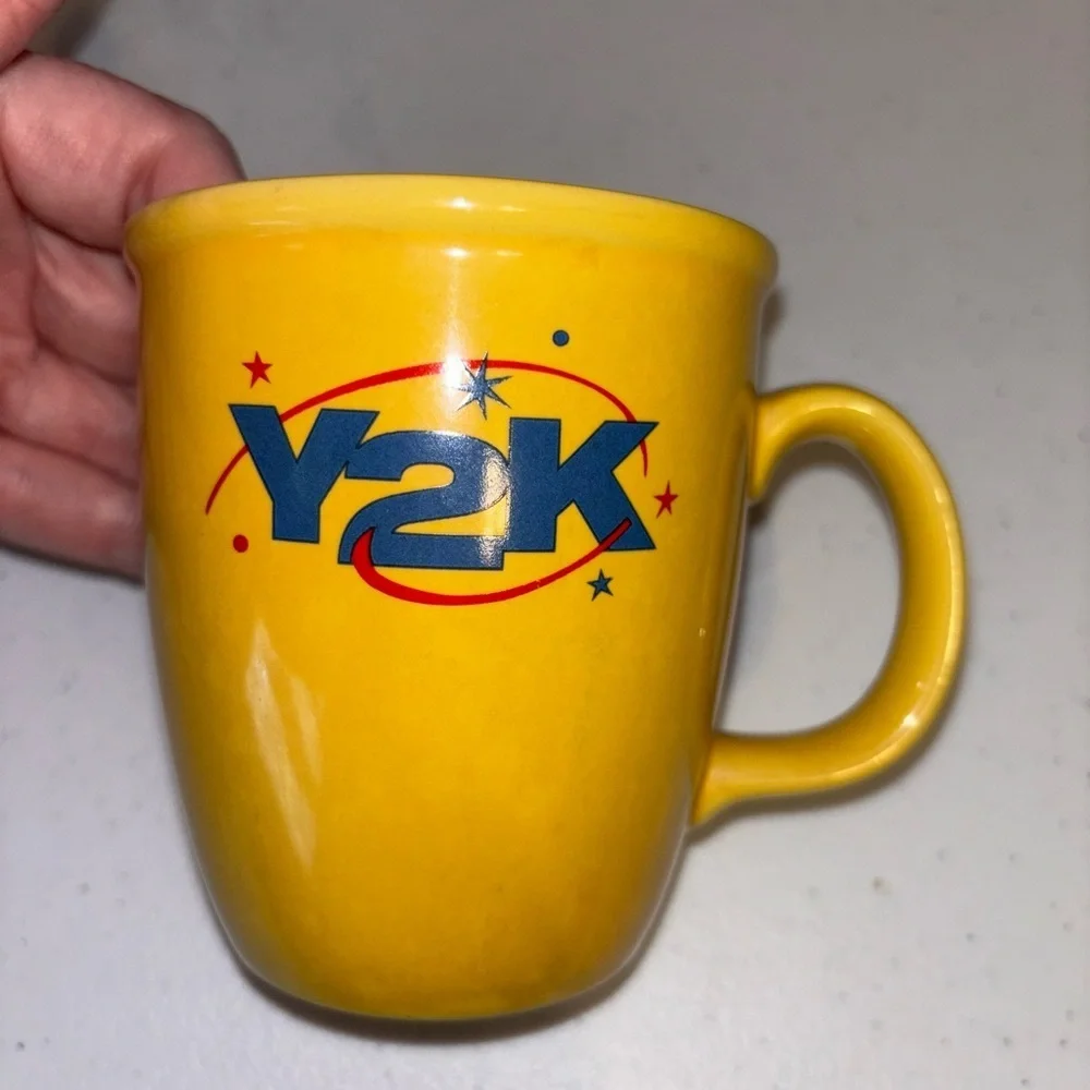 Y2K Yellow and Blue Ceramic Mug with Cartoon Design